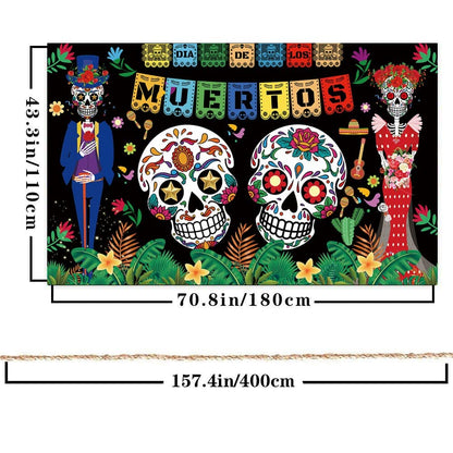 Famoby Day of The Dead Backdrop Dia DE Los Muertos Extra Large Fabric Banner for Halloween Party Mexican Fiesta Skull Photography Party Decoration