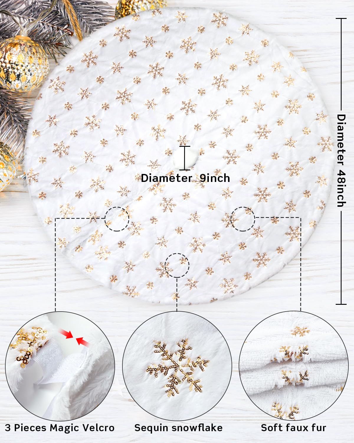 COOLWUFAN 48 Inches Faux Fur Christmas Tree Skirt for Xmas Tree Holiday Party Decoration White Plush Gold Sequin Snowflake (Gold)