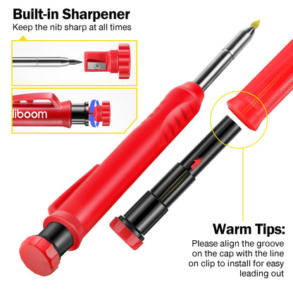 Hiboom 2 Pack Solid Carpenter Pencil with 14 Refill, Long Nosed Deep Hole Mechanical Pencil Marker with Built-in Sharpener for Carpenter Woodworking Architect with Design Patent (Black, Red)