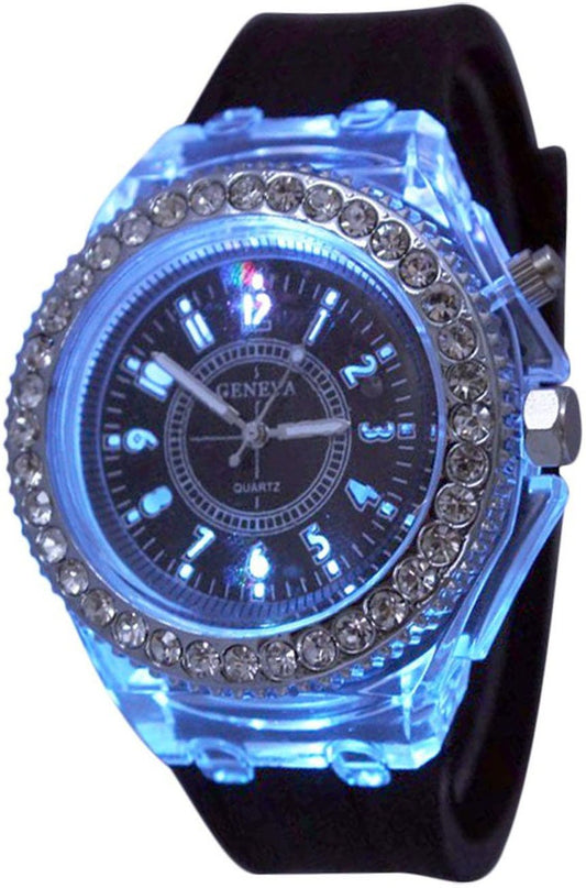 FANMIS Unisex Sports Rhinestone LED Flashing Light up Color Changing Silicone Jelly Watch Black