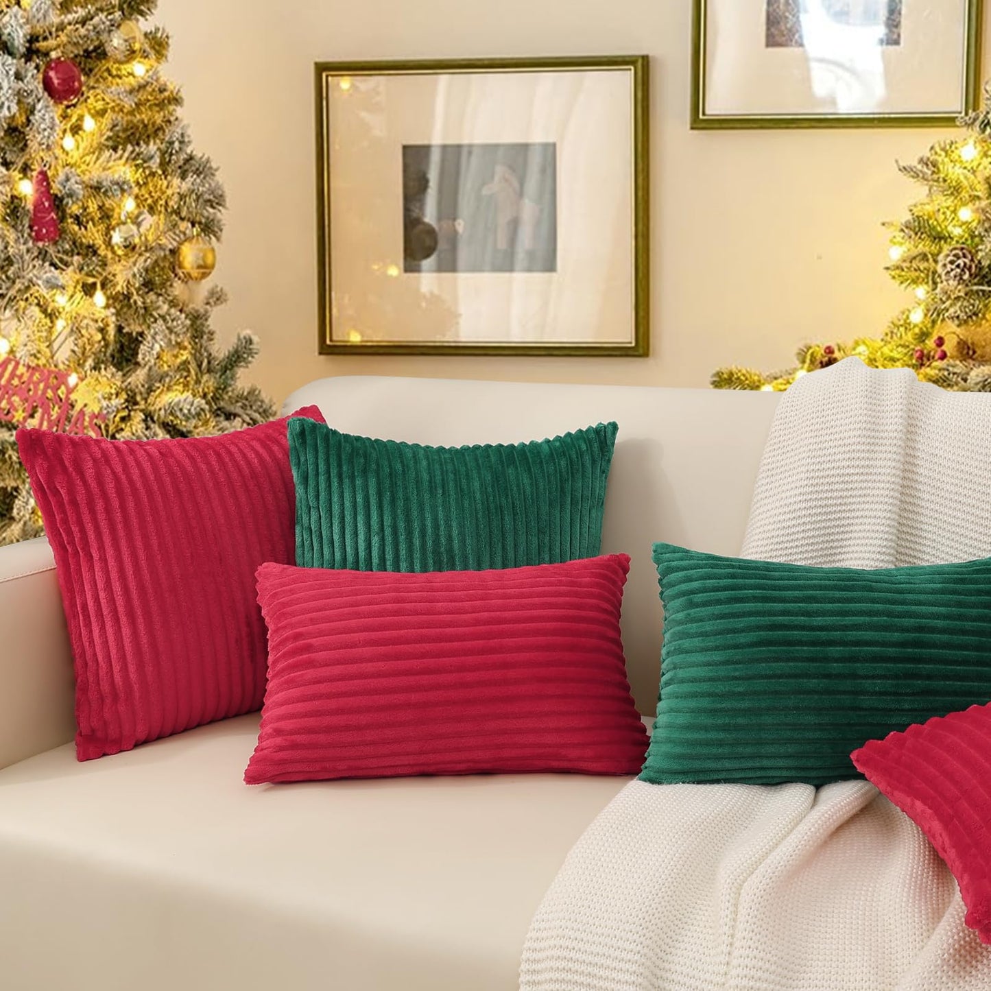 Simmore Decorative Christmas Throw Pillow Covers 18x18 Set of 2, Soft Natural Plush Flannel Double-Sided Fluffy Couch Pillow Covers for Sofa Living Room, Red