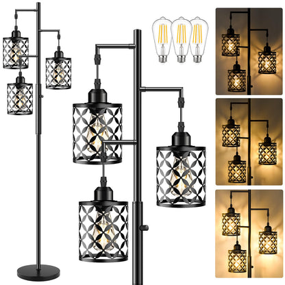 GHOOCEMLUX 68" Dimmable Floor Lamp, Farmhouse Standing Lamp with Elegant Metal Cage, Industrial Tall Tree Floor Lamps for Living Room, Bedroom, Study Room, Office (2000LM LED Bulbs Included) - Black