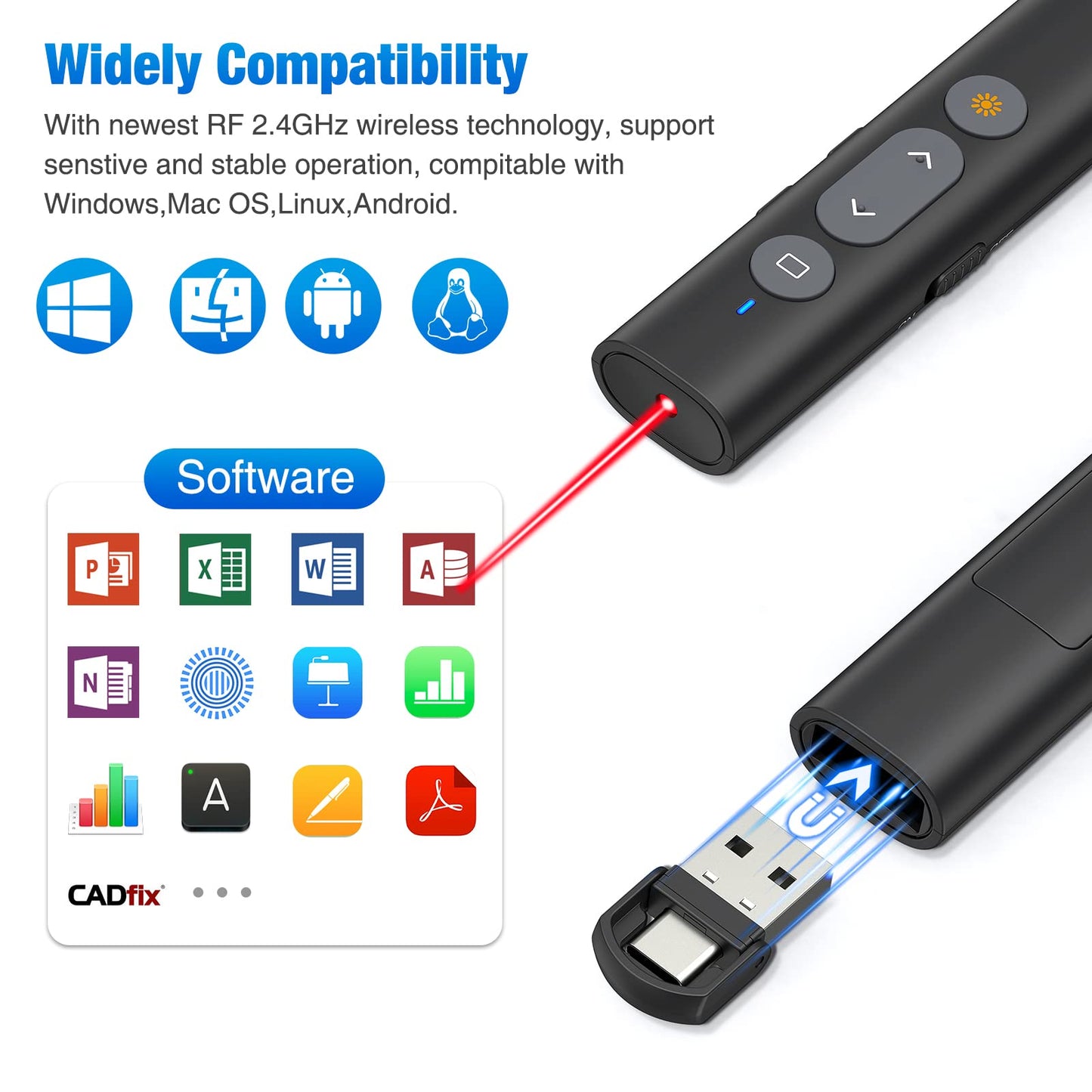 2 in 1 USB Type C Presentation Clicker with Laser Pointer, Wireless Presenter for PowerPoint Presentation PPT Clicker, 2.4GHz Presenter Remote Slide Advancer with Bright Red Laser Pointer