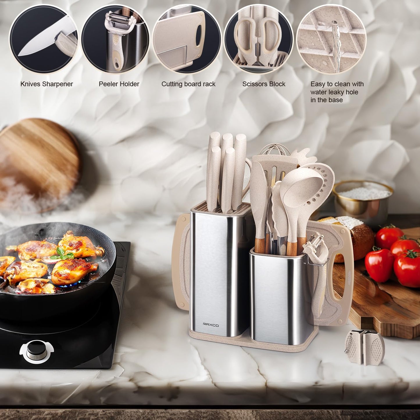 RAXCO Kitchen Utensils Set,18-Piece Cooking Tools and Sharp Knives,Stainless Steel Holder and Cutting Board