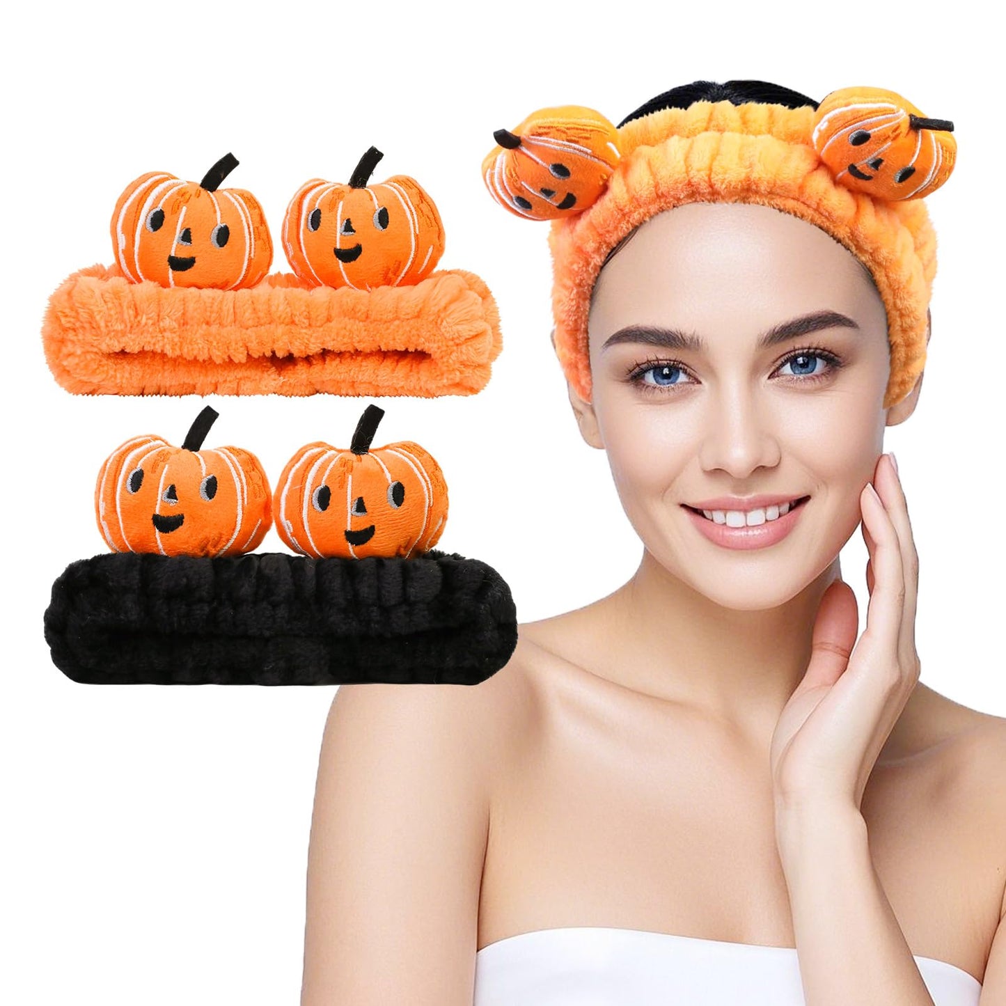 FlyingMage Spa Headband for Washing Face, 2 Pack Cute Halloween Hair Band for Shower Yoga Beauty, Fluffy Makeup Headband, Kawaii Facial Headbands for Woman Girls, Orange+Black Pumpkin