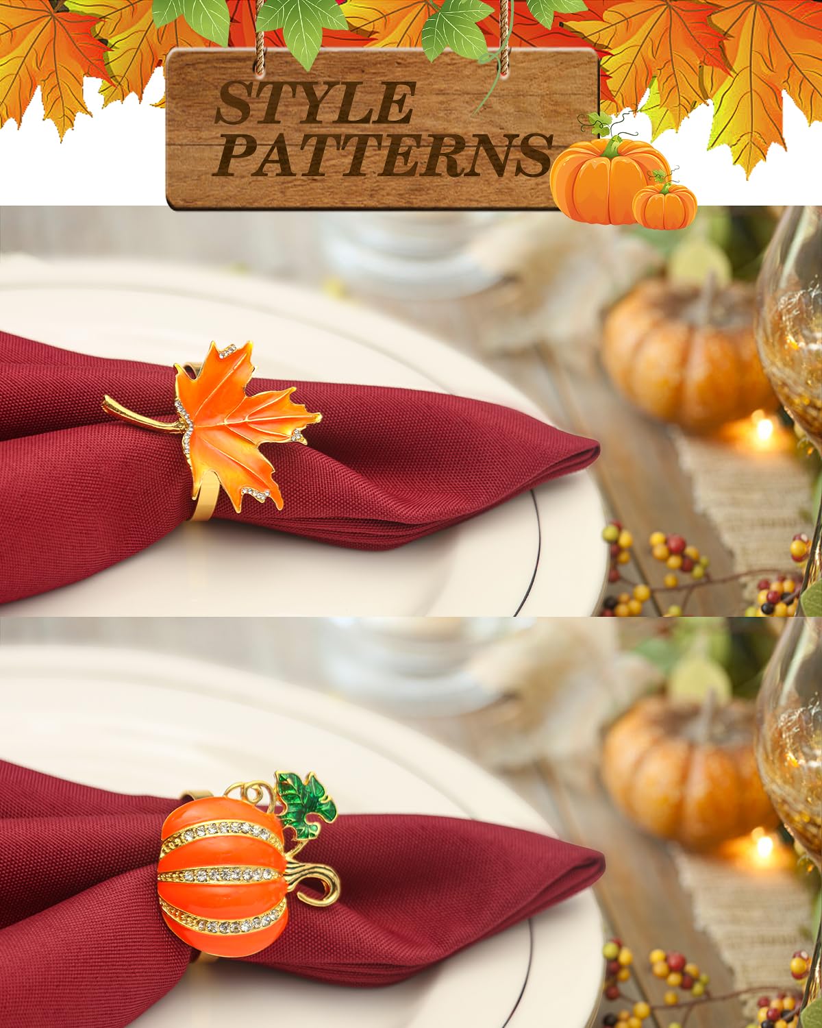 KPOSIYA Fall Napkins Rings, 6 Pcs Thanksgiving Napkin Ring Fall Maple Leaf Napkin Rings and Halloween Pumpkin Napkin Holders for Thanksgiving Table Decorations, Fall Banquet, Holiday Dinner Party