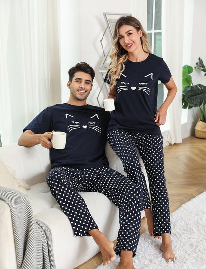 EISHOPEER Women's Pajama Set Cat Print Tops and Polka Dot Pants Nightgown Pjs Sets Navy Blue M