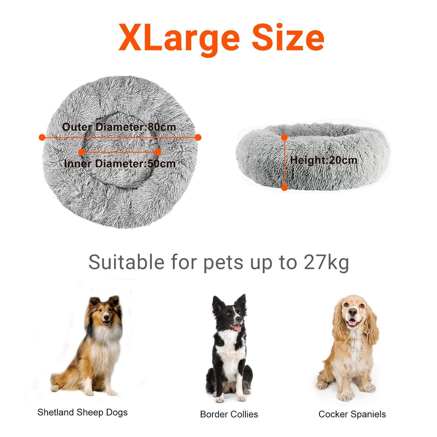 Donut Dog Bed Extra Large Washable - Anti Anxiety Calming Cosy Fluffy Plush Puppy Kitten Round Super Soft Snuggle Pet Cat Beds for Indoor Cats: Light Grey 80cm