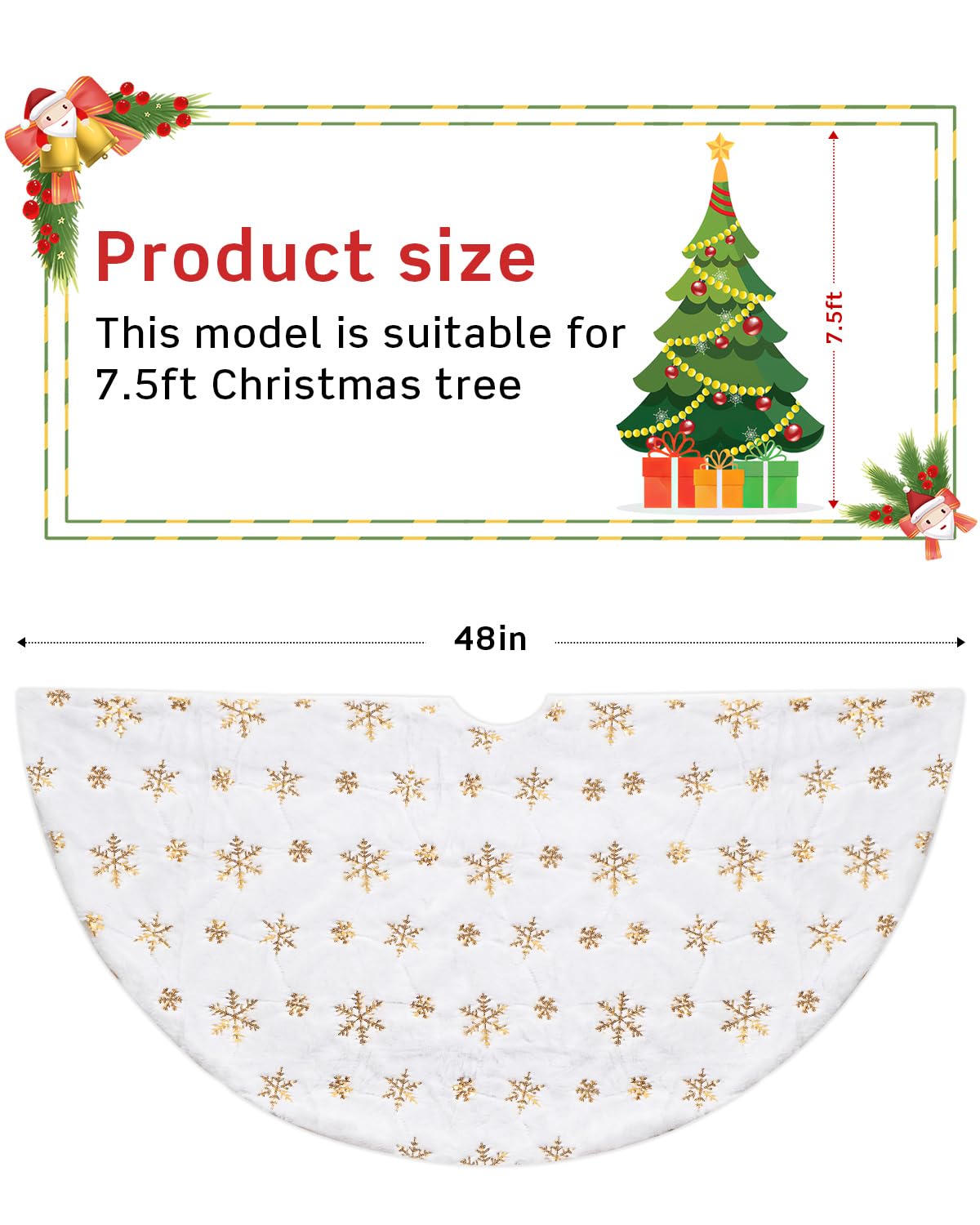 COOLWUFAN 48 Inches Faux Fur Christmas Tree Skirt for Xmas Tree Holiday Party Decoration White Plush Gold Sequin Snowflake (Gold)