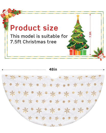 COOLWUFAN 48 Inches Faux Fur Christmas Tree Skirt for Xmas Tree Holiday Party Decoration White Plush Gold Sequin Snowflake (Gold)