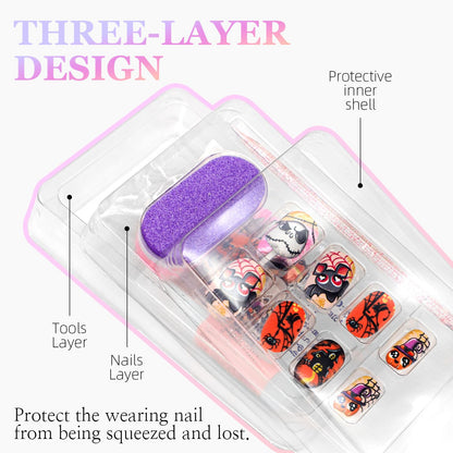 Halloween Press on Nails Square Fake Nails Acrylic Nails Kit with Black Cat Pattern Design Full Cover Artificial False Nails Medium Glue on Nails for Women Girls 24Pcs