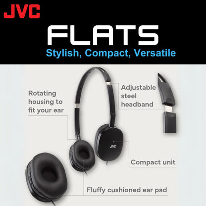 JVC Flats On-Ear Wired Headphones - Flat Foldable Design - 30mm Driver for Powerful Sound - Soft Ear-Pads for Comfort – Steel Headband - Lightweight & Portable - PC/Laptop/Gaming - 3.5mm Slim Plug