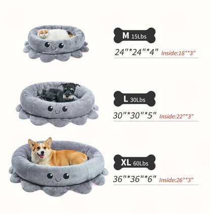 Jiupety Cute Calming Dog Beds Clearance for Medium Small Dogs, Anxiety Bolster Dog Bed with Octopus Shape, Grey, M, Boho, Round Pet Bed Cat with Removable Cushion