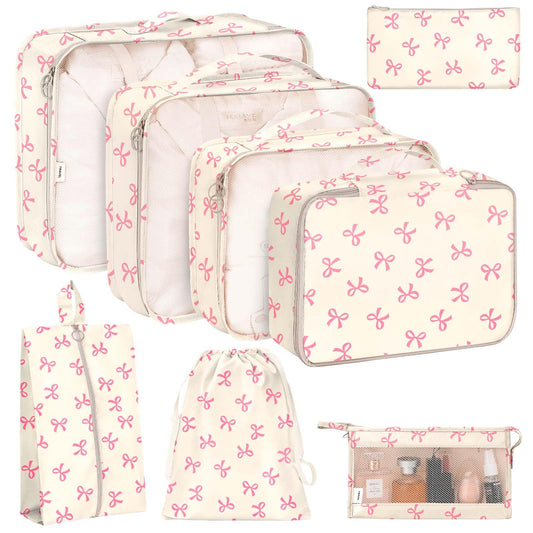 KPX 8 Set Packing Cubes for Travel, Luggage Packing Organizers Accessories Large Toiletries Bag for Clothes Shoes Cosmetics (8Set-Pink Bow)