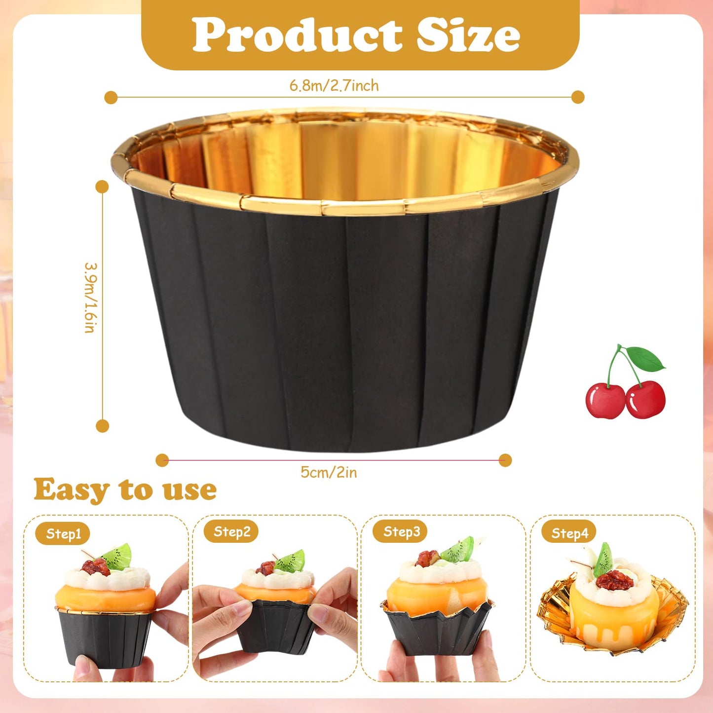 Gandeer 300 Pack Black Gold Cupcake Liners Bulk Disposable Foil Muffin Cups 3.5 oz Wrappers for Baking Aluminum Paper Mini Metallic Disposable Holiday Party Wedding Festival Supply