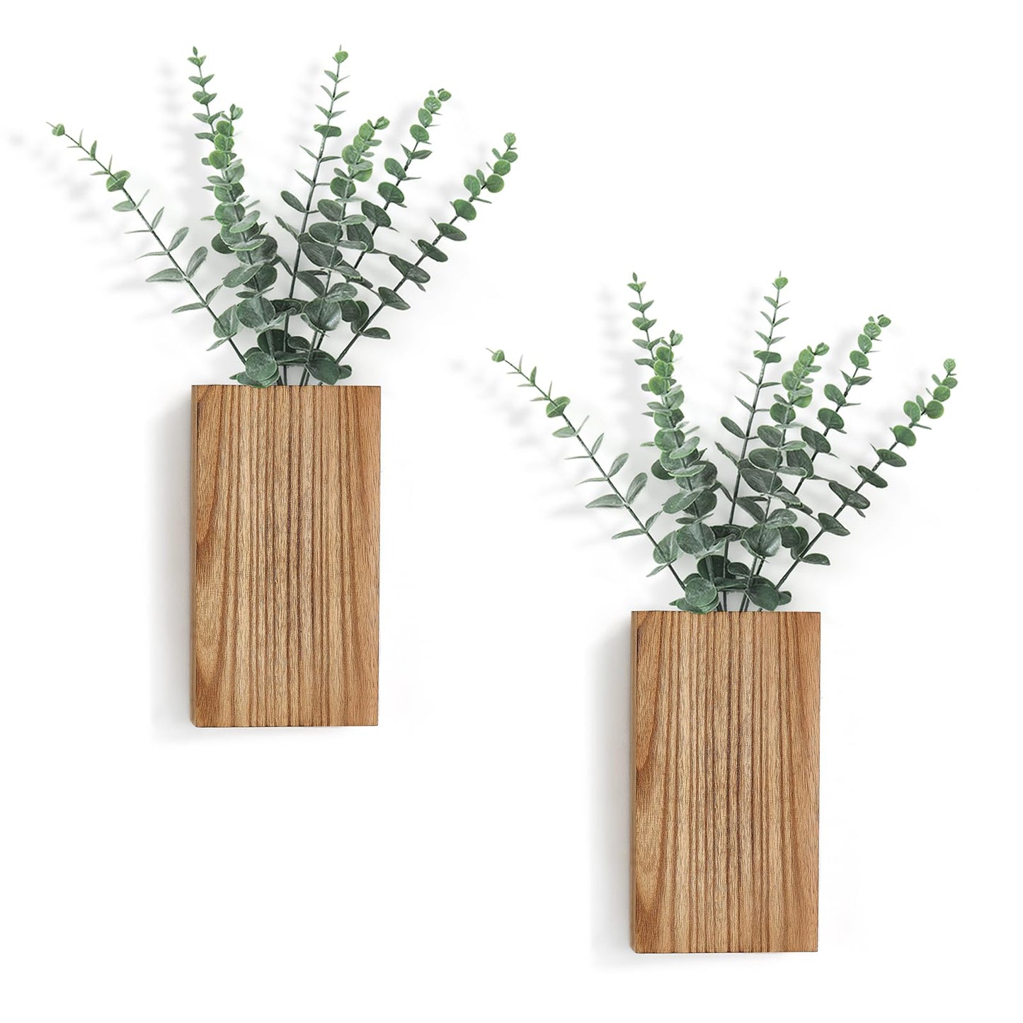 Dahey 2 Pack Wood Wall Planter Vase with Artificial Eucalyptus Farmhouse Wall Hanging Decor Pocket Planter for Indoor Fake Plants Greenery Flowers, livingroom Bedroom Kitchen Home Office Decoration
