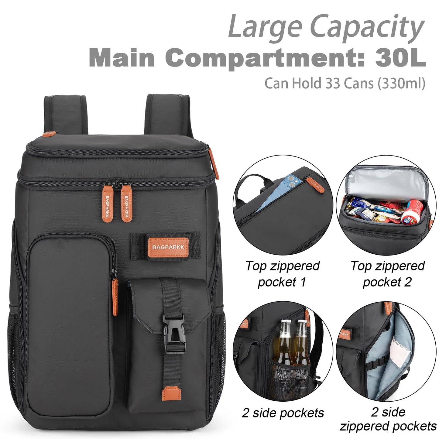 Insulated Cooler Backpack,Bagparkk 33 Cans Multifunctional Double Deck Leakproof Cooler Bag with Sternum Strap,Large Capacity Lightweight Travel Camping Beach Backpack Cooler Ice Chest for Men Women
