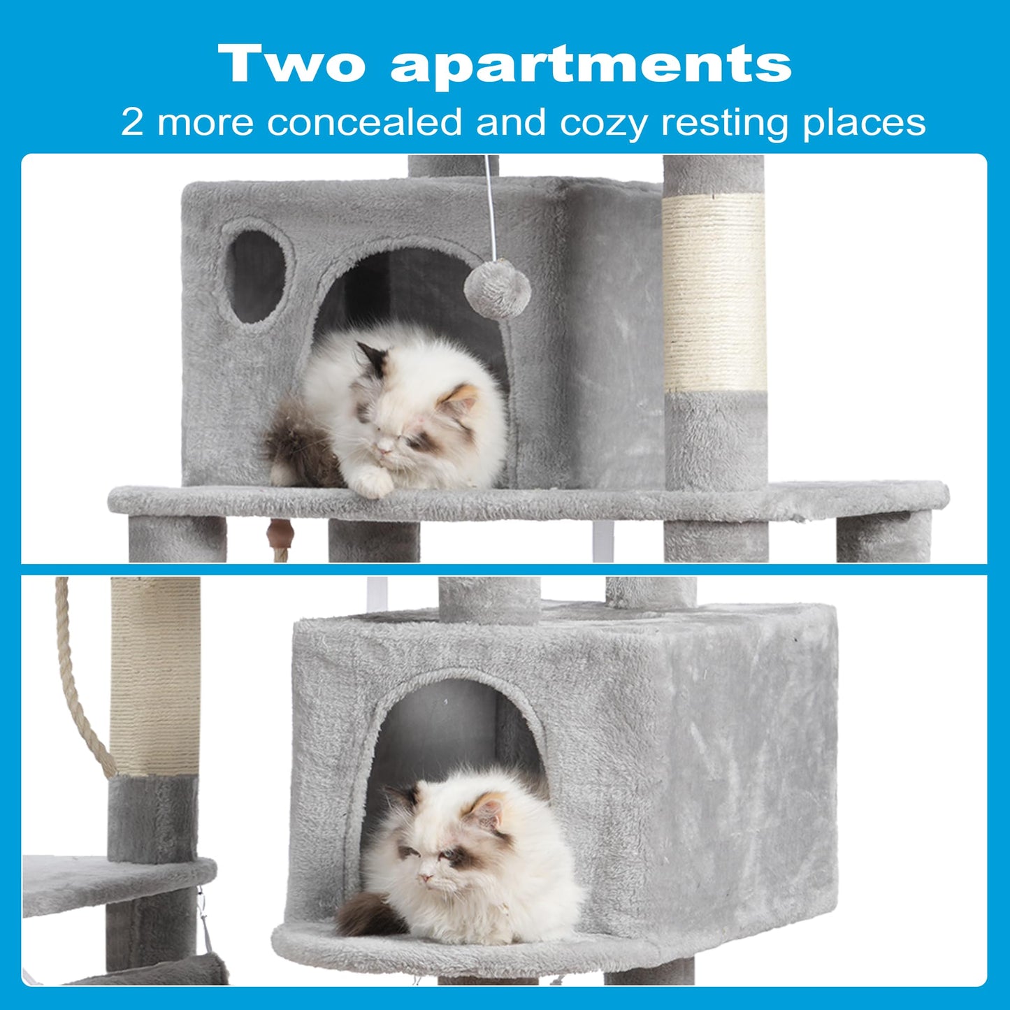 Hey-brother Large Multi-Level Cat Tree Condo Furniture with Sisal-Covered Scratching Posts, 2 Bigger Plush Condos, Perch Hammock for Kittens, Cats and Pets Light Gray MPJ020W