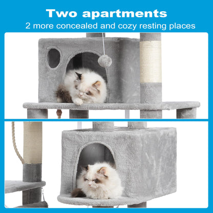 Hey-brother Large Multi-Level Cat Tree Condo Furniture with Sisal-Covered Scratching Posts, 2 Bigger Plush Condos, Perch Hammock for Kittens, Cats and Pets Light Gray MPJ020W