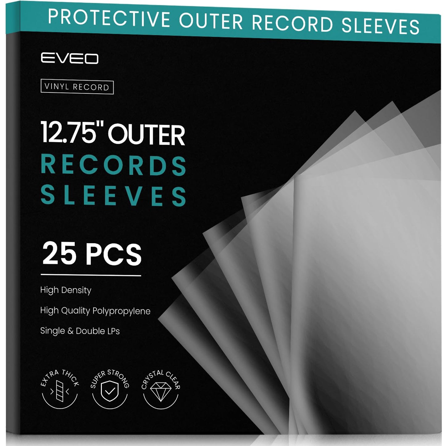EVEO 25 Vinyl Record Sleeves Outer – Crystal Clear Outer Vinyl Sleeves LP Album Covers 12.75"x12.75" | Perfect Fit Protective 3 Mil Protection for Single & Double LPs - Archival Quality