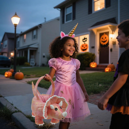 DearSun 3D Triceratops Plush Basket Halloween Trick or Treat Baskets, Cute Candy Bucket for Kids Gift Party Decoration, Pink