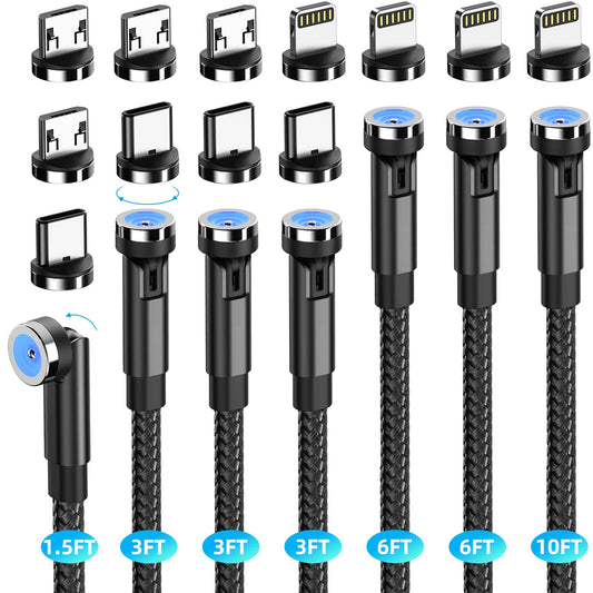 7-Pack 1.6FT/3FT/3FT/3FT/6FT/6FT/10FT 540 Rotating Magnetic Phone Charger 3 in 1 Magnetic Cable Nylon Braided USB Charger Cable for Micro USB/Type C/iProduct Device - Black