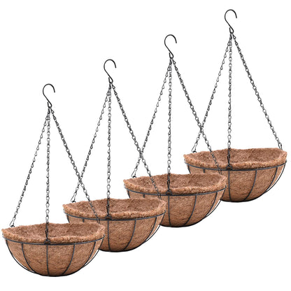 JFFLYIT Metal 10 inch Round Planter, 4 Pack Hanging Wire Basket with Coco Fiber Liners, for Outdoor Plants Decoration