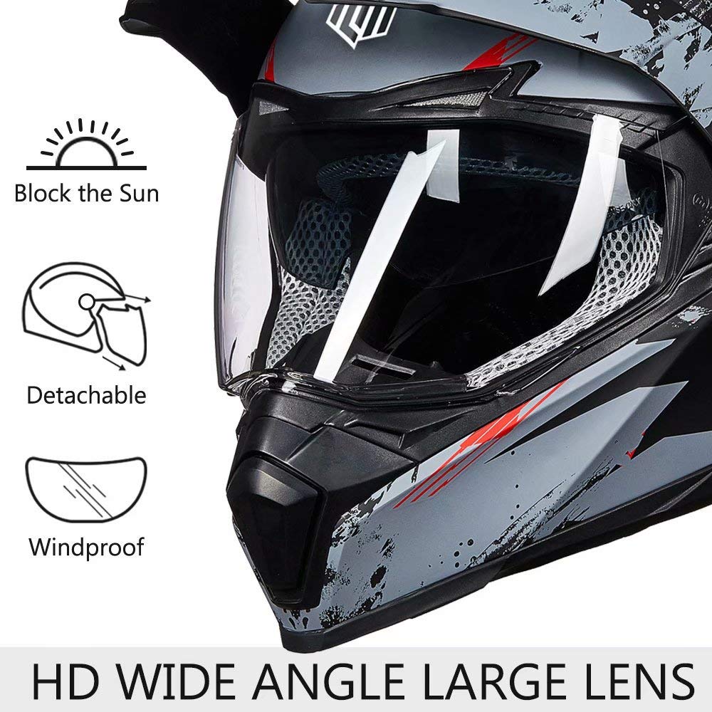 ILM Off Road Motorcycle Dual Sport Helmet Full Face Sun Visor Dirt Bike ATV Motocross Casco DOT Certified Model 606V(Grey Red, L)
