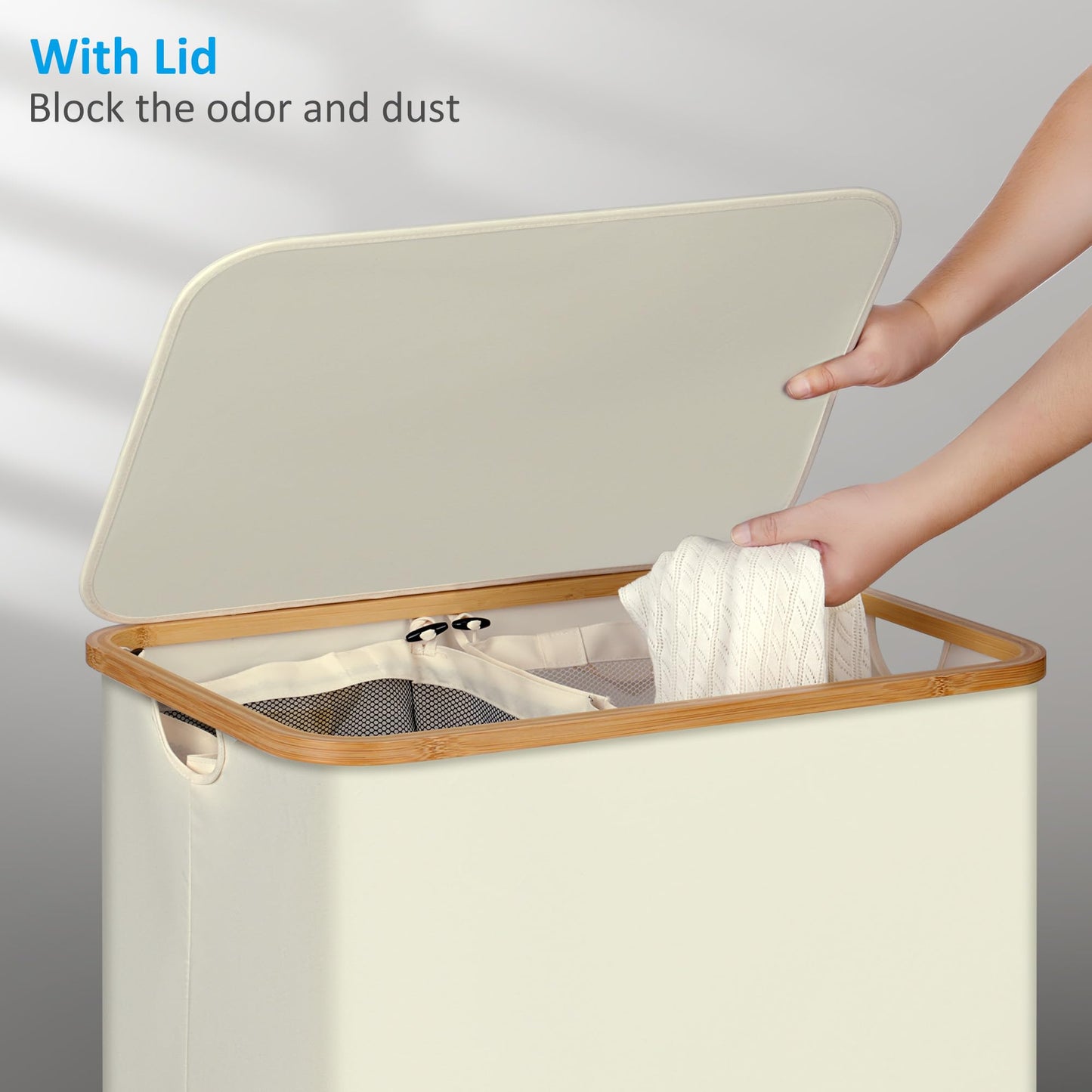efluky Laundry Hamper with Lid, 160L Tall Laundry Basket with Bamboo Handles for Clothes and Toys, Collapsible Laundry Hamper with 2 Inner Bags for Bedroom and Bathroom, Beige