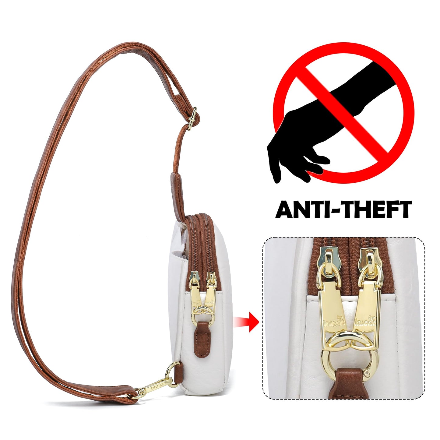 INICAT Sling Bag for Women Touchscreen Small Crossbody Cell Phone Purse Fanny Pack（White Brown Anti Theft Small)