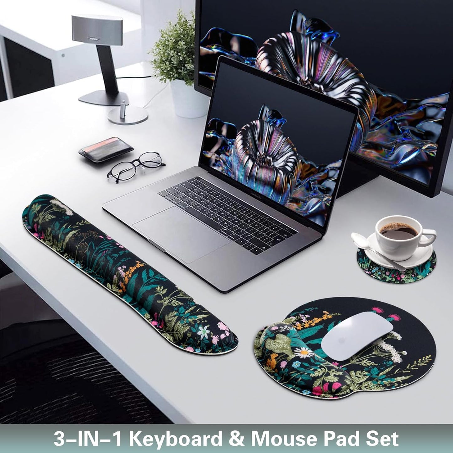 Mouse Pad with Wrist Rest Set, Qomolama 3-in-1 Wrist Support Mouse Pad Set, Floral Gaming Mousepad with Anti-Skid Base,Ergonomic Mouse Pad,Memory Foam Keyboard Gel Wrist Rest