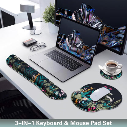 Mouse Pad with Wrist Rest Set, Qomolama 3-in-1 Wrist Support Mouse Pad Set, Floral Gaming Mousepad with Anti-Skid Base,Ergonomic Mouse Pad,Memory Foam Keyboard Gel Wrist Rest