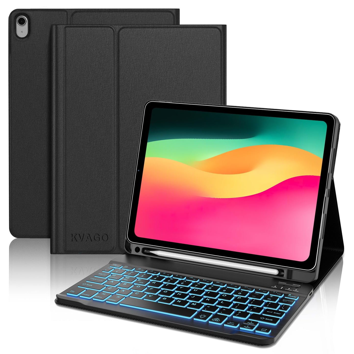 KVAGO for iPad 11th 10th Generation Case with Keyboard, 7 Color Backlit Wireless Detachable Keyboard, Folio Keyboard Cover with Pencil Holder for iPad 11 inch A16 2025 10th Gen 10.9 Inch 2022 (Black)