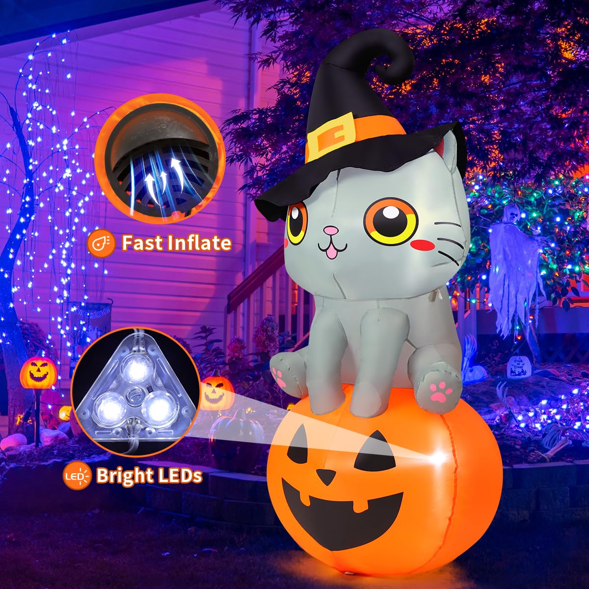 GOOSH 6 FT Halloween Inflatables Cat Outdoor Decorations Blow Up Yard Cute Wizard Cat Sitting Pumpkin with Built-in LEDs for Garden Lawn Indoor Party Decor