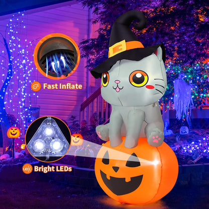 GOOSH 6 FT Halloween Inflatables Cat Outdoor Decorations Blow Up Yard Cute Wizard Cat Sitting Pumpkin with Built-in LEDs for Garden Lawn Indoor Party Decor