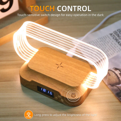 Hiwoor Bedside Table Lamp with 15w Wireless Charger, Touch Control LED Table Lamp with Clock and Phone Stands, Reading lamp 3 Modes and Stepless Dimming for Night lamp for Kids and Adults