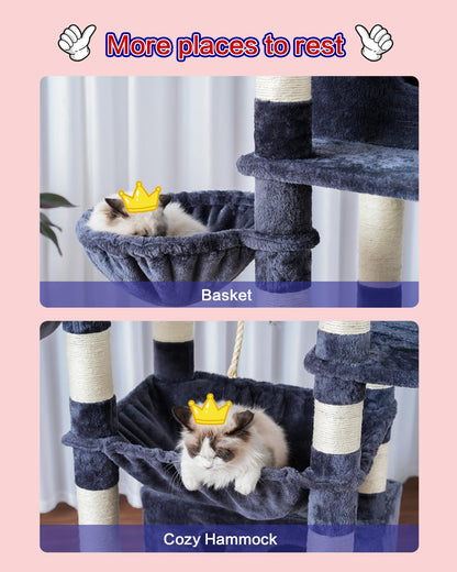 Gitelsnour Cat Tree for Indoor Cats Large Adult, 74" Cat Tower with 3 Big Platforms, 2 Baskets, 2 Condos, Multi-Level Cat Scratching Posts, Smoky Gray GCT030G