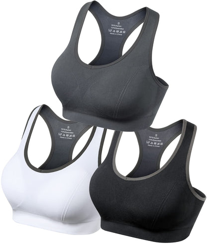 GXXGE Padded Racerback Sports Bras for Women High Impact Workout Yoga Gym Activewear Fitness Bra Black Grey White Large