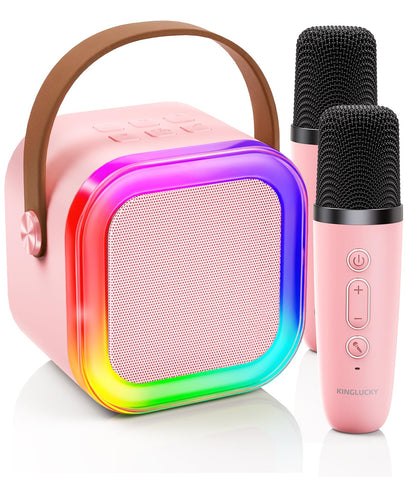 Kinglucky Mini Karaoke Machine for Kids, 2025 TOP Birthday Gifts Ideas for 3-12 Year Old Girls, Christmas Party Gifts Kids' Personal Video Players Accessories with 2 Wireless Microphones - Pink