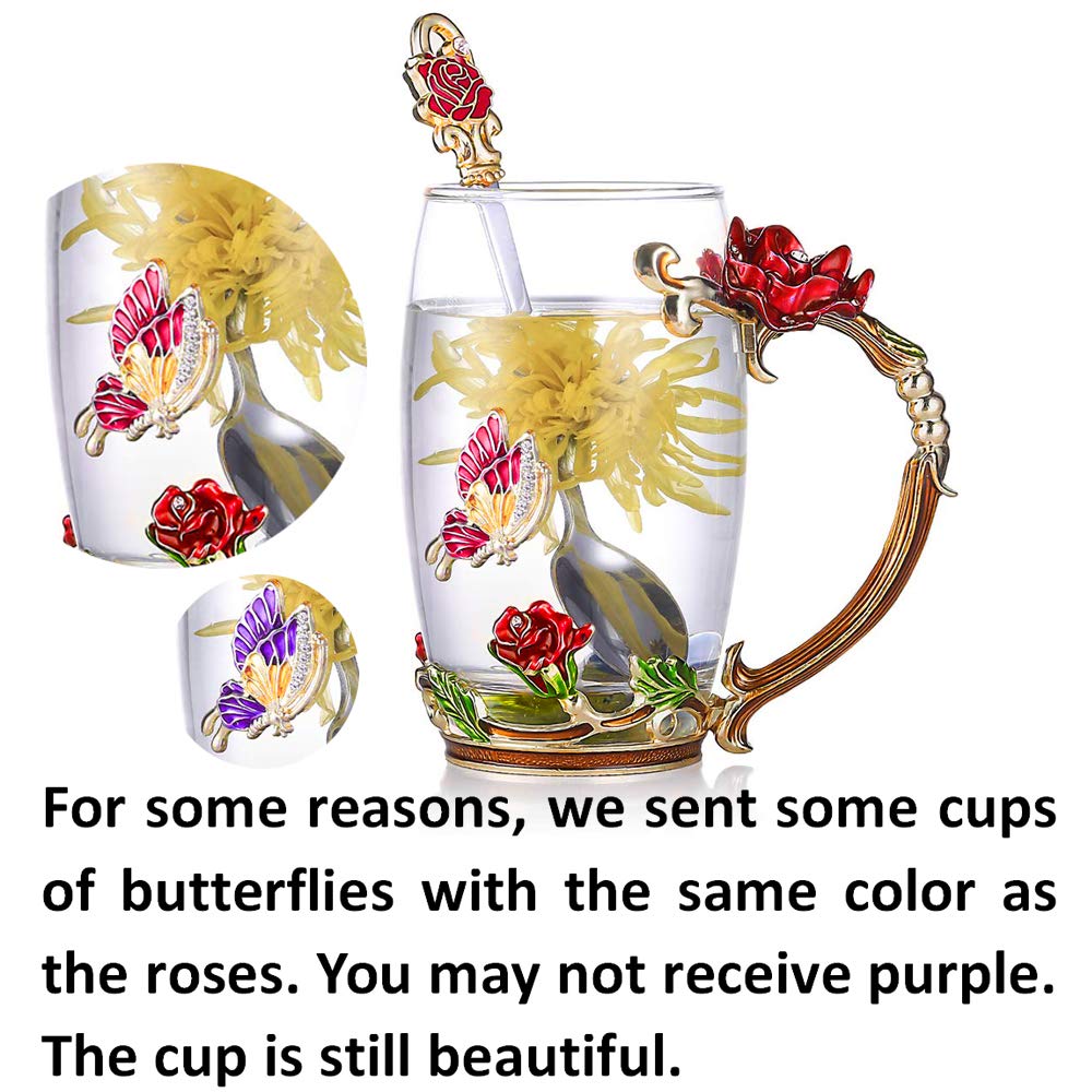 Kaiyuan Dynasty Tea Cup Glass Coffee Mugs Enamel Rose Flower Butterfly Drinking Cups with Spoon Set for Birthday Wedding Red Rose Tall Mug 12oz
