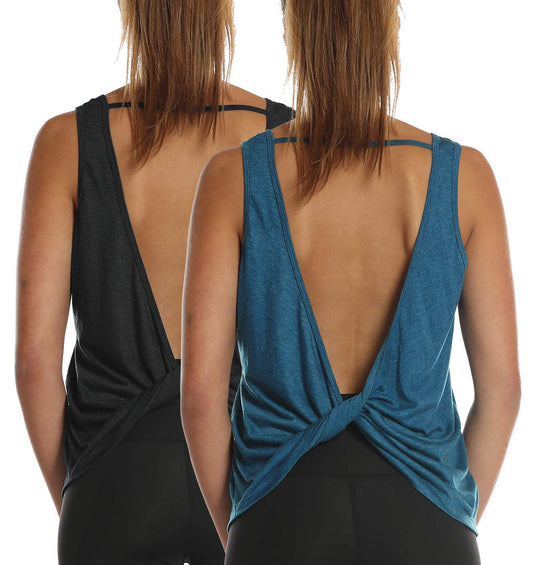 icyzone Workout Tank Tops for Women - Open Back Strappy Athletic Tanks, Yoga Tops, Gym Shirts(Pack of 2) (L, Black/Denim)