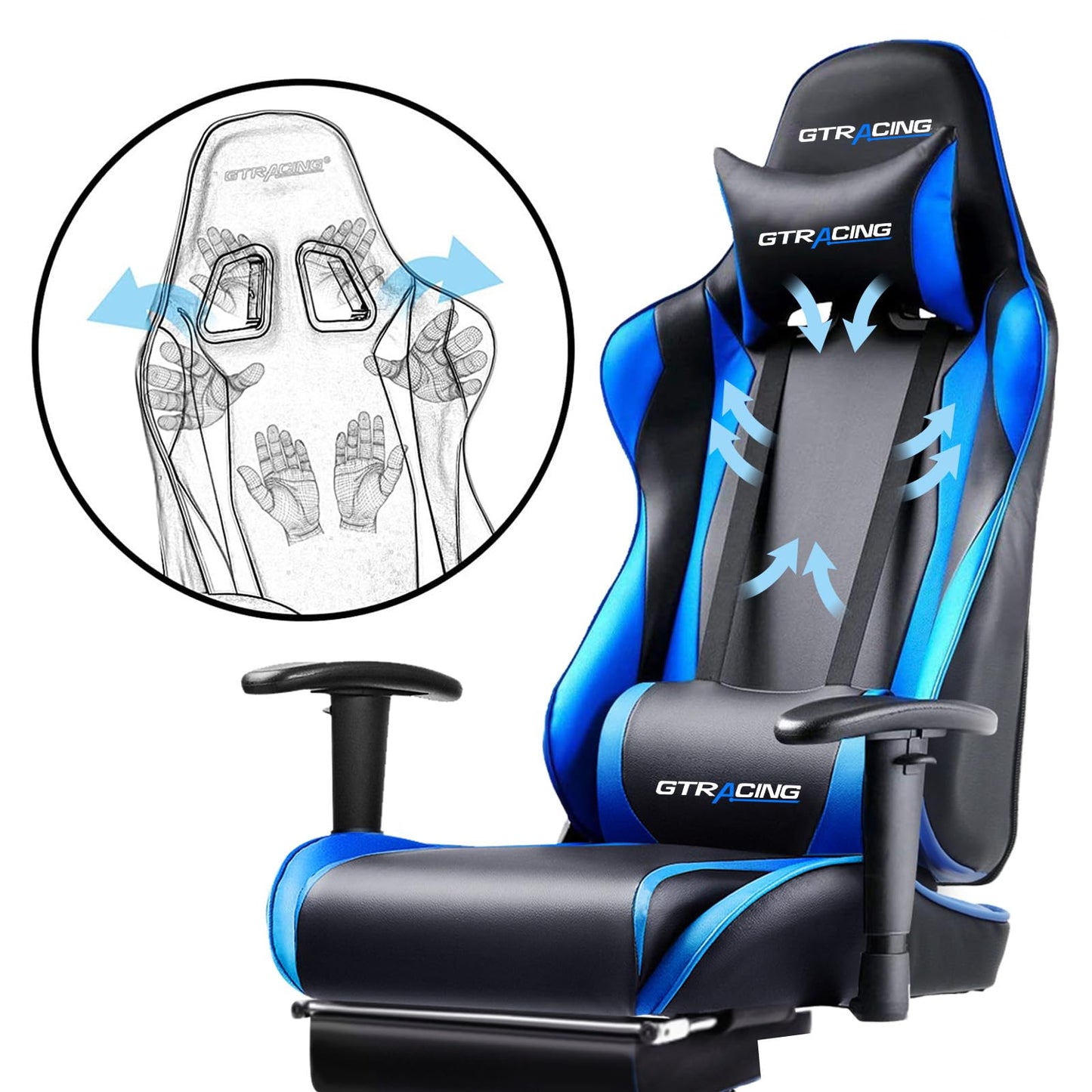 GTRACING Gaming Chair with Footrest, Ergonomic Computer Game Desk Chair, Reclining Game Chair Seat Height Adjustment, Swivel Rocker with Headrest and Lumbar (Blue)