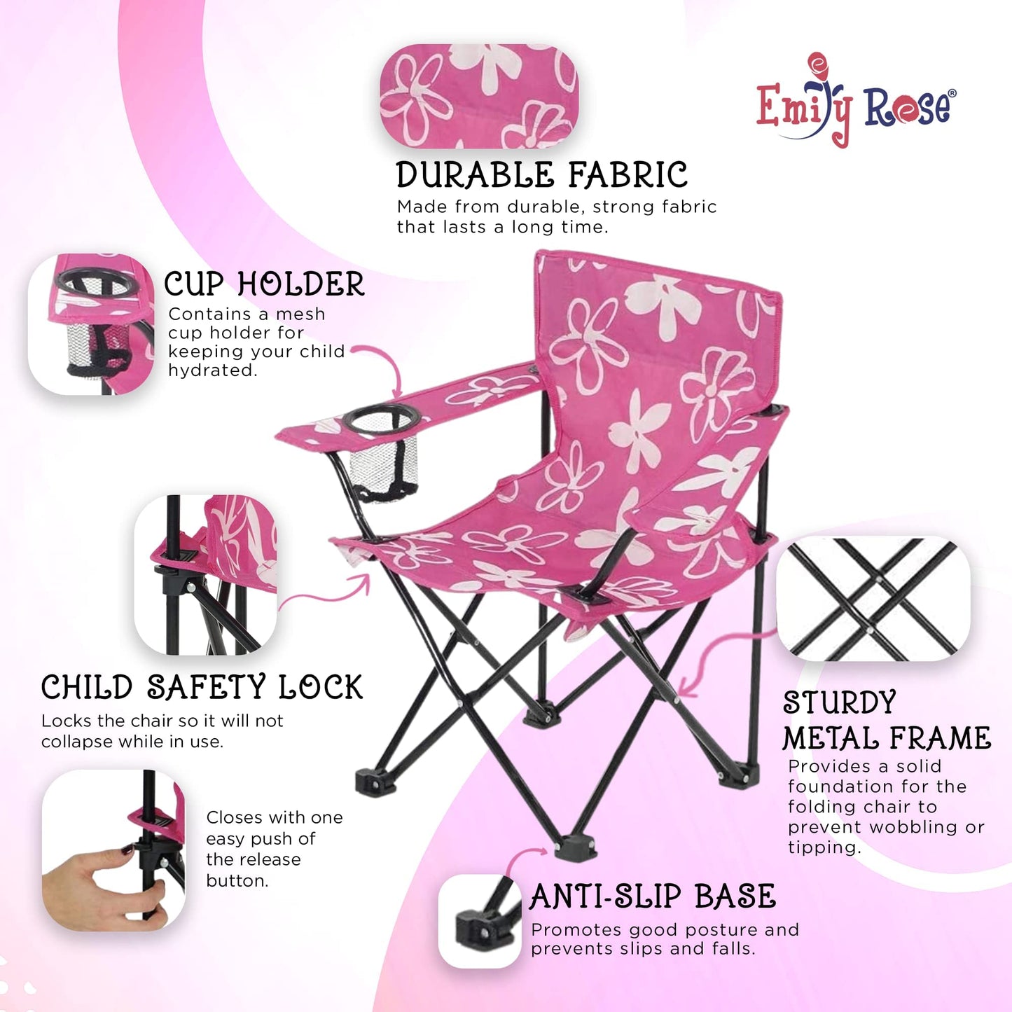 Emily Rose Kids Pink Flowers Folding Beach Camping Camp Chair with Safety Lock, Carry Case & Cup Holder - for Girls Toddlers - Tailgate, Travel, Lawn, Sports - Indoor & Outdoor | USA Company