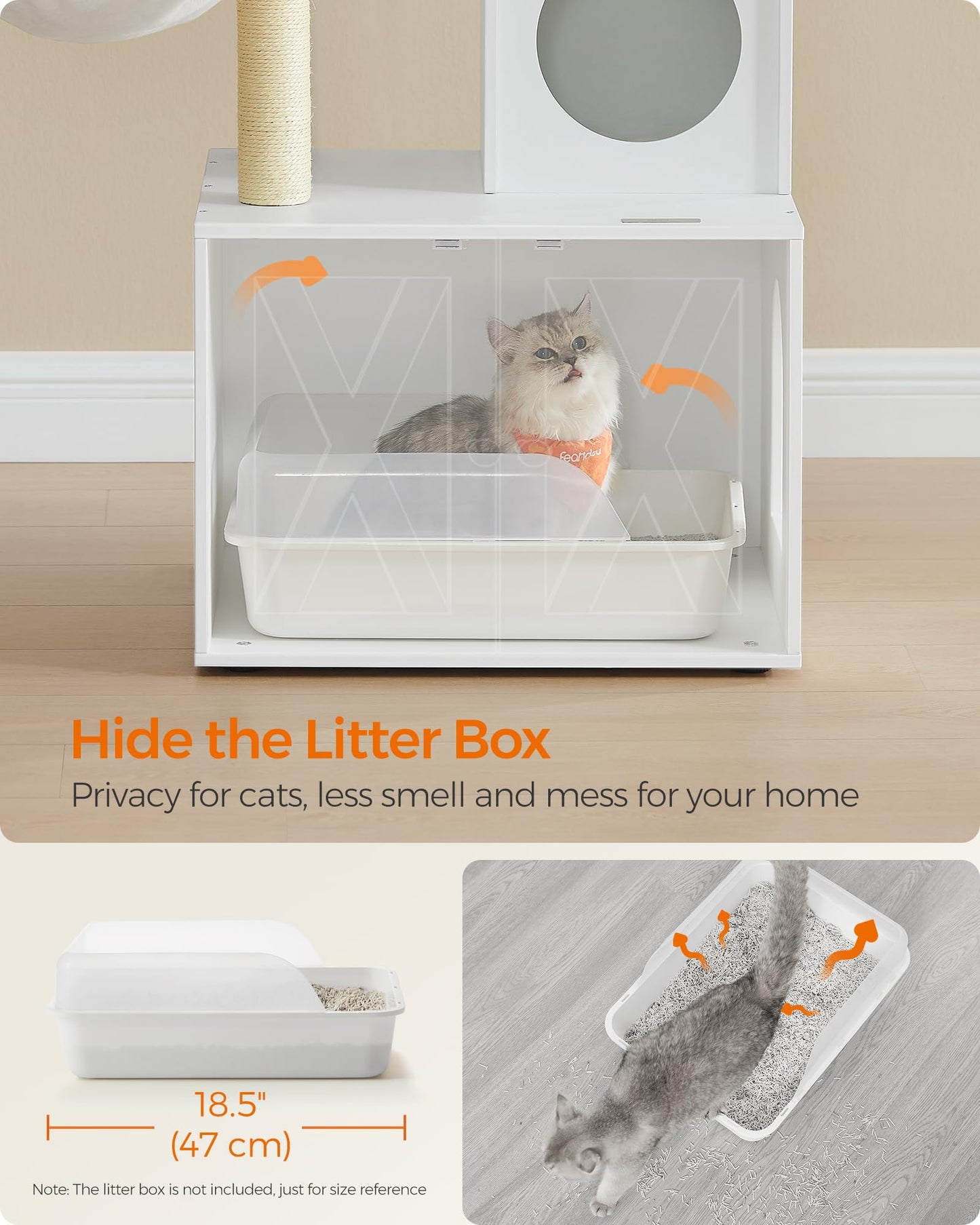 Feandrea Cat Tree with Litter Box Enclosure, 2-in-1 Modern Cat Tower, 55.1-Inch Cat Condo with Scratching Posts, Removable Pompom Sticks, Cloud White UPCT113W01