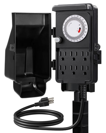 DEWENWILS Outdoor Mechanical Power Strip Timer, 24 Hour Multi Socket, Waterproof 6 Outlet Garden Power Stake, 6 ft Cord, 1800W/15A Heavy Duty, for Lights, Yard, Garden