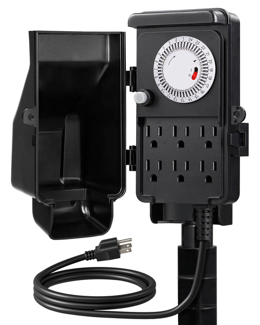 DEWENWILS Outdoor Mechanical Power Strip Timer, 24 Hour Multi Socket, Waterproof 6 Outlet Garden Power Stake, 6 ft Cord, 1800W/15A Heavy Duty, for Lights, Yard, Garden