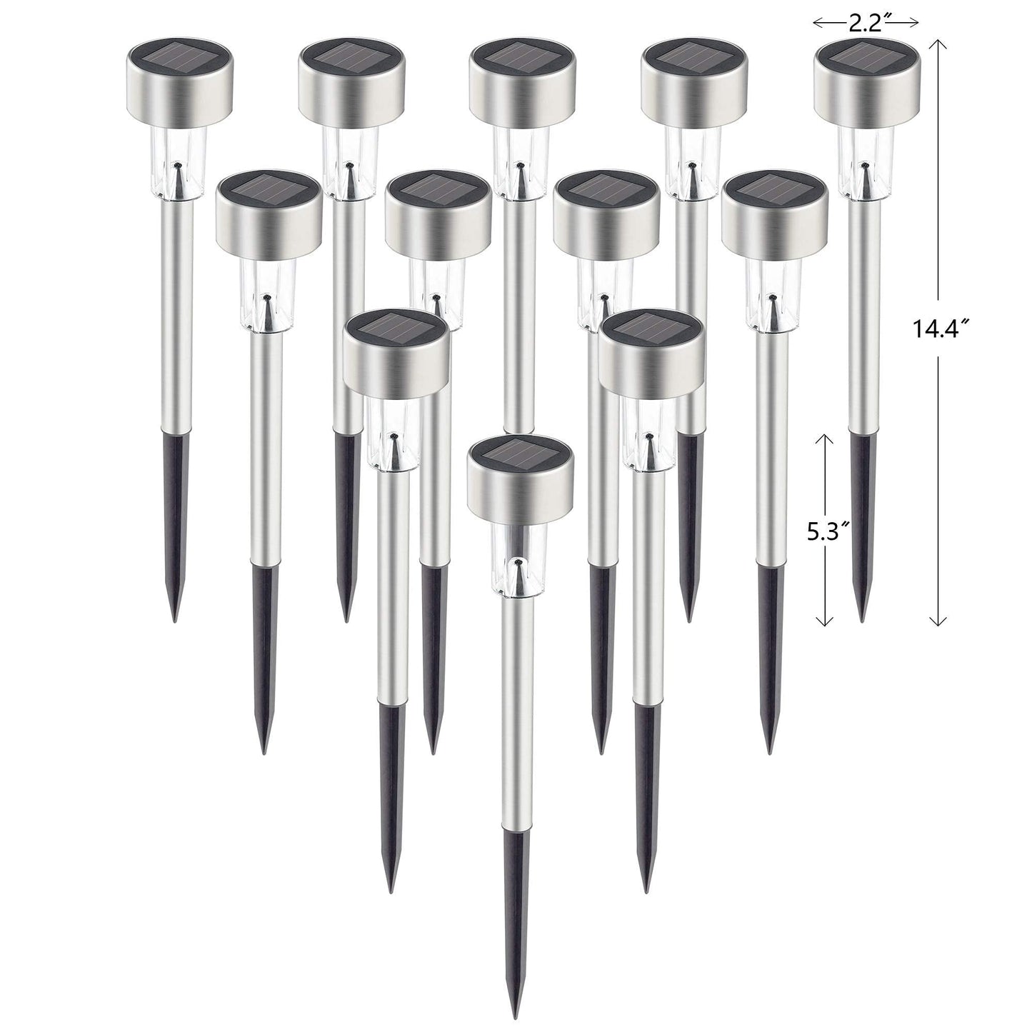 GIGALUMI Solar Pathway Lights 12 Pack, Stainless Steel IP44 Waterproof Auto On/Off Outdoor LED Pathway Landscape Solar Lights for Garden, Yard, Patio, Path and Walkway. (Cold White)