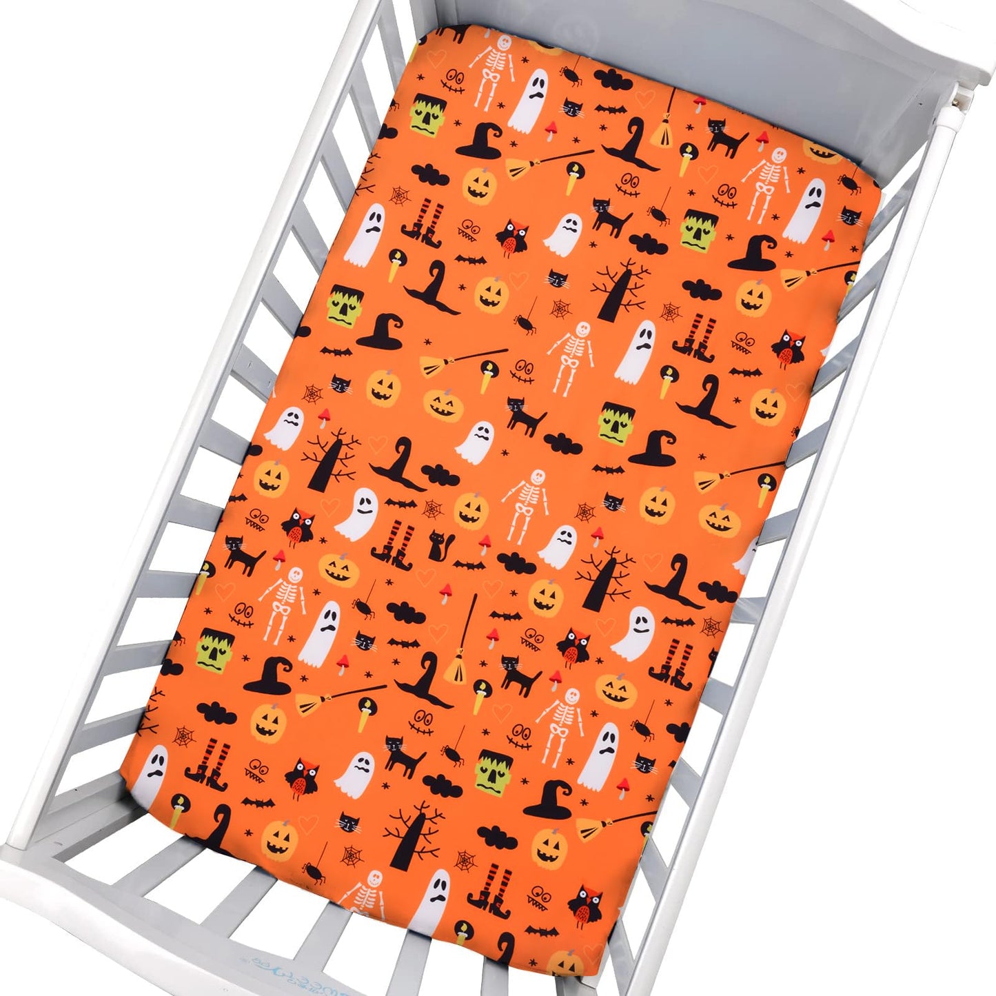 JISEN Baby Crib Sheet 1 Piece Portable Fitted Crib Sheet for Standard Crib and Toddler Mattresses Nursery Bed Decor for Boys Girls 28x52 Halloween Ghost