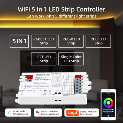 GIDERWEL Smart 5 in 1 WiFi LED Controller RGBWW for Strip Lights RGBCCT RGBW RGB CCT and 5 White Strips,Work with Alexa/Google Assistant,APP/Voice Control Color Change Dimming(Only a WiFi Controller)