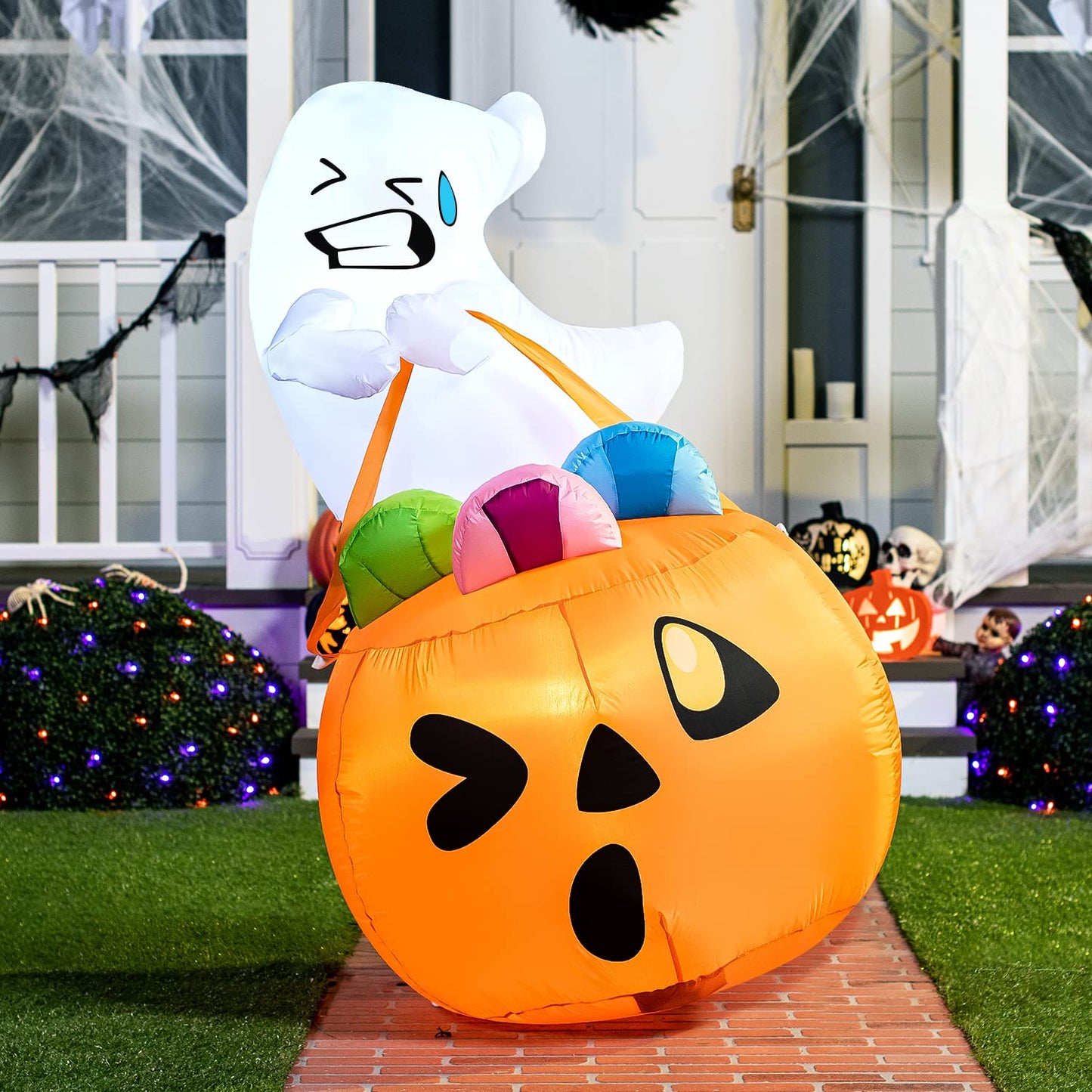 Joiedomi 5 FT Tall Halloween Inflatables Outdoor Decorations, Inflatable Cute Ghost Halloween Decor Outdoor, Blow Up Ghost Lift Pumpkin Candy Bag with Build-in LEDs for Yard Decorations